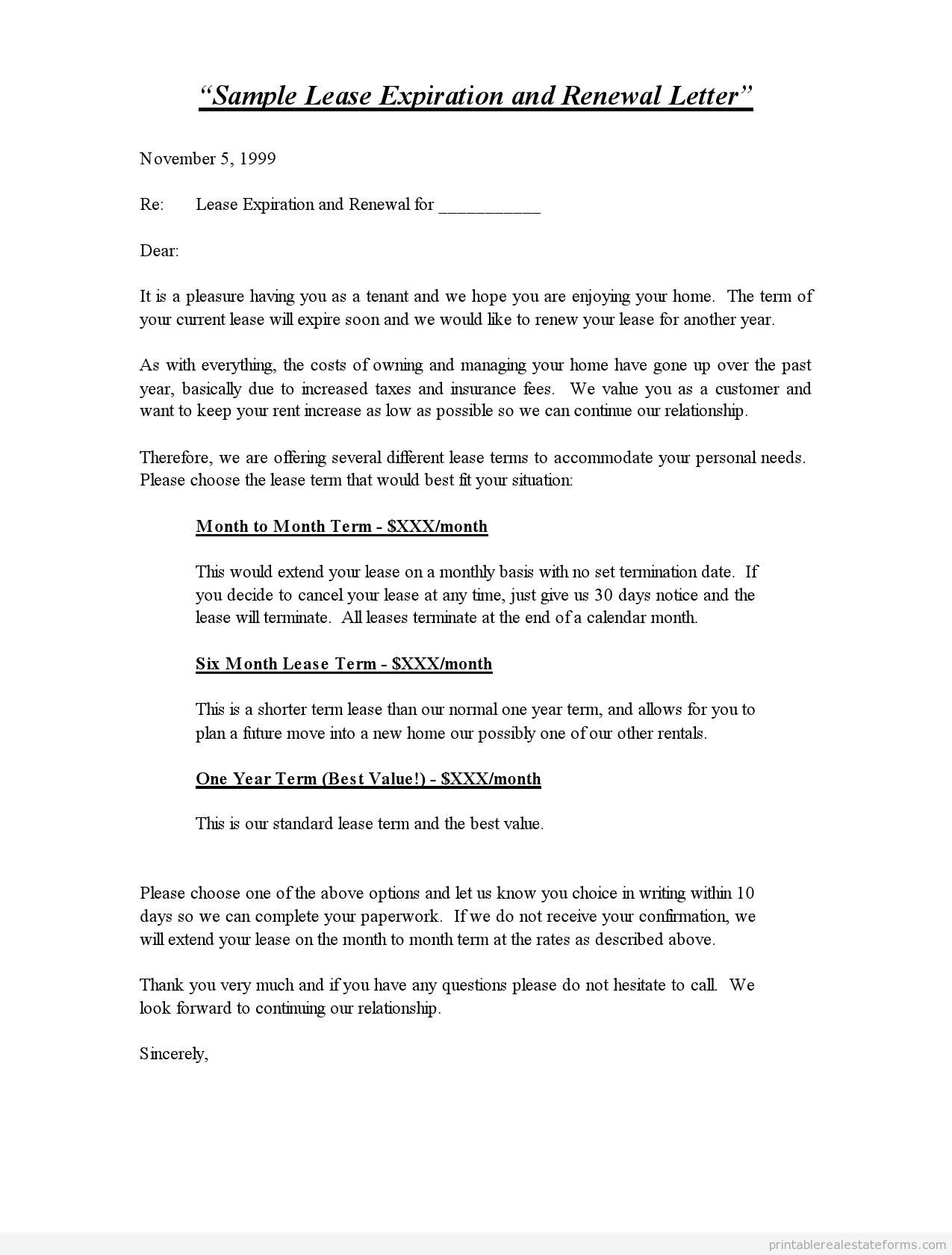 Sample Lease Expiration and Renewal Letter - Standard0001